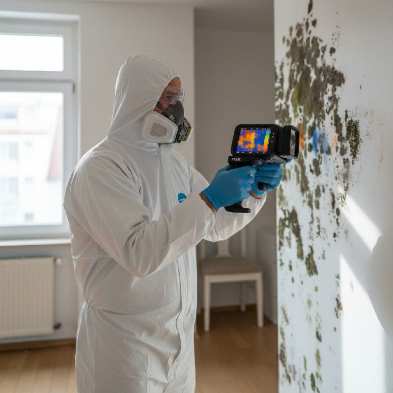 Schimmelpilzgutachter in Schutzkleidung mit Wärmebildkamera bei der professionellen Schimmelanalyse
