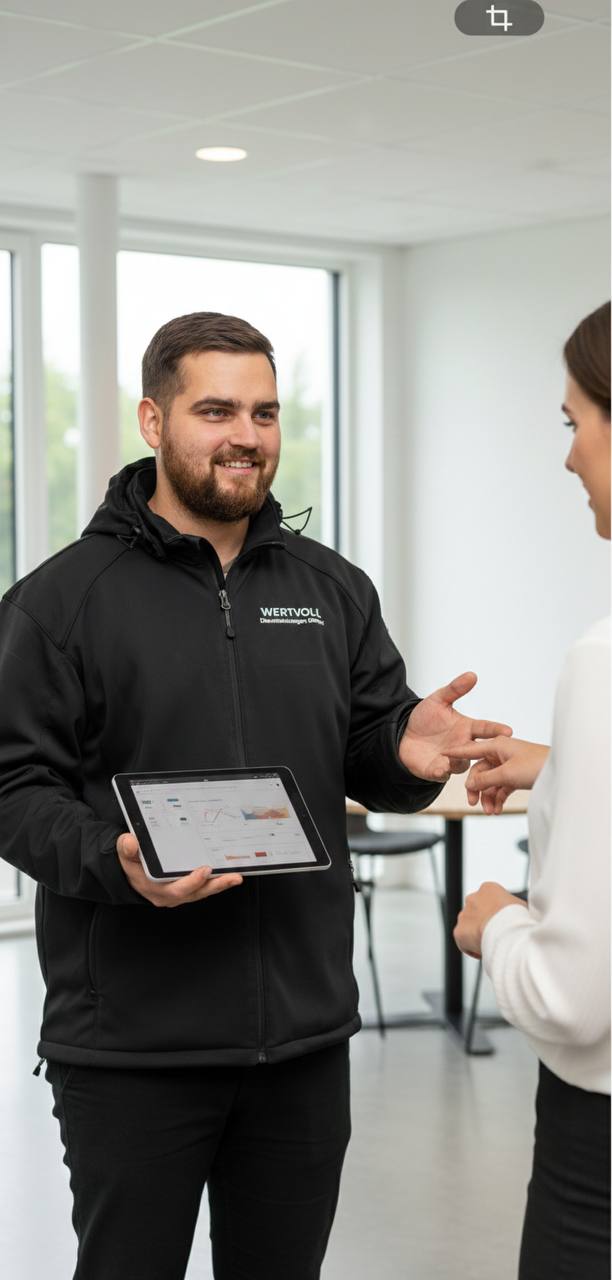Markus Knaub bei der persönlichen Kundenberatung mit Tablet — Ihr Ansprechpartner für Schimmelpilzbegutachtung in Detmold